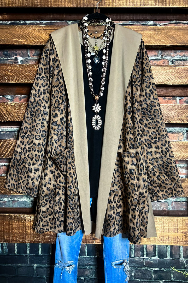 PLUS SIZE LEOPARD JACKET HOODIE PATCHED POCKETS---------SALE