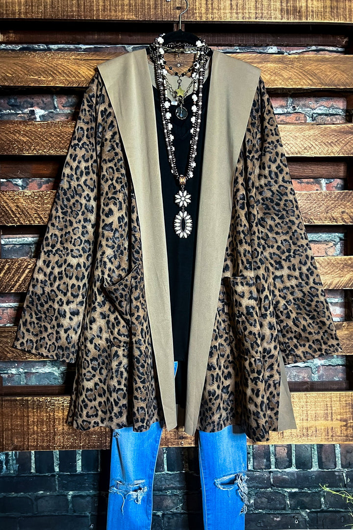 PLUS SIZE LEOPARD JACKET HOODIE PATCHED POCKETS---------SALE