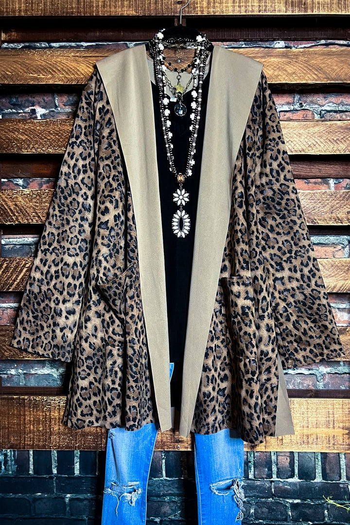 PLUS SIZE LEOPARD JACKET HOODIE PATCHED POCKETS---------SALE