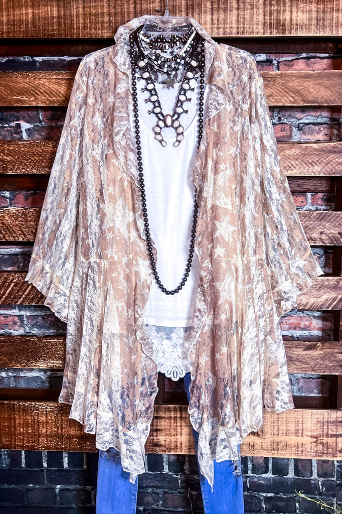 STARS IN THE SKY TONIGHT LACE DUSTER CARDIGAN IN TAUPE