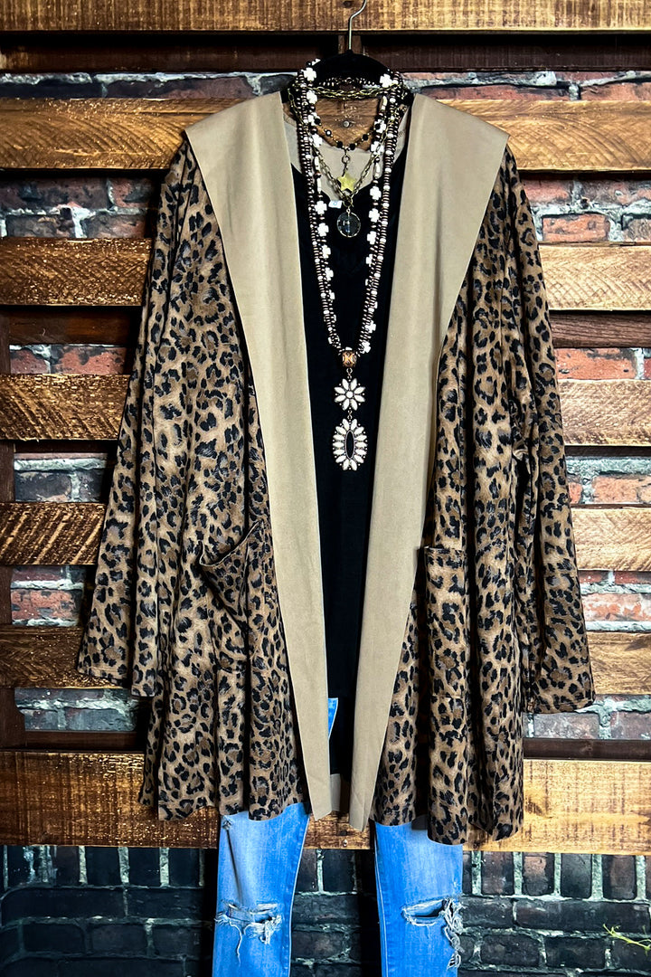 PLUS SIZE LEOPARD JACKET HOODIE PATCHED POCKETS---------SALE