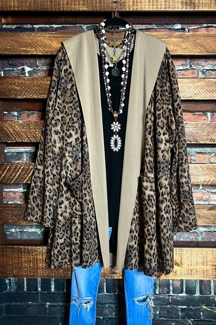 PLUS SIZE LEOPARD JACKET HOODIE PATCHED POCKETS---------SALE