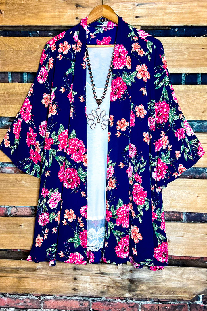 PRETTY IN PARADISE NAVY BLUE & FLORAL KIMONO --------SALE