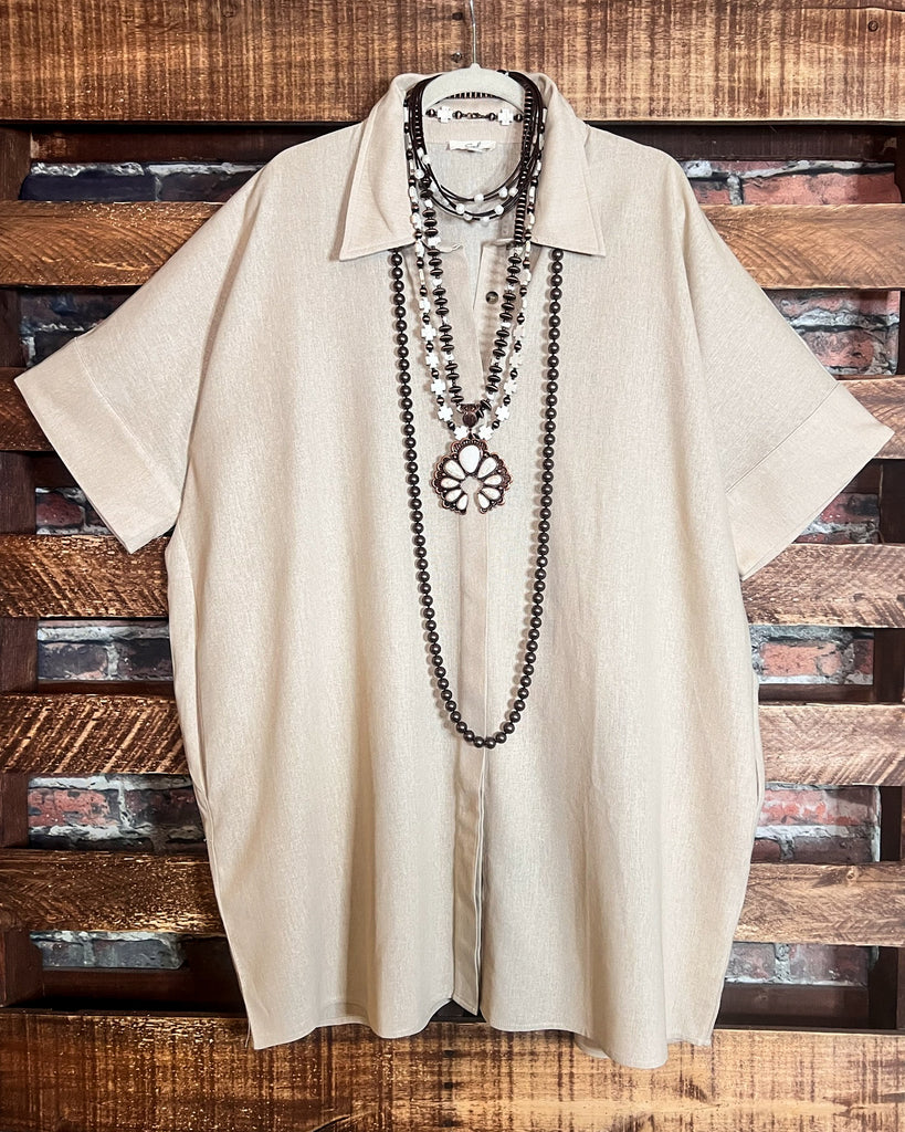 NATURAL BEAUTY LINEN KHAKI OVERSIZED TIMELESS SHIRT DRESS