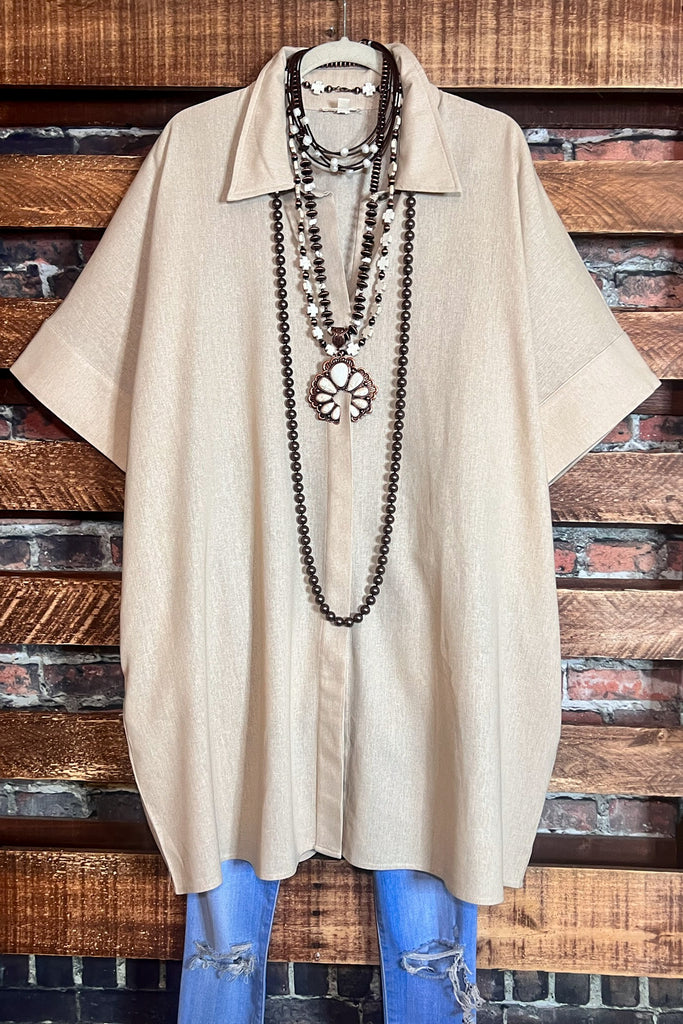 NATURAL BEAUTY LINEN KHAKI OVERSIZED TIMELESS SHIRT DRESS