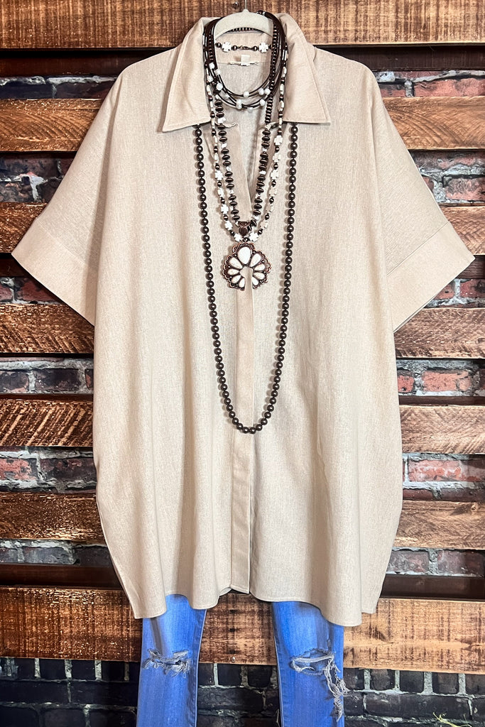 NATURAL BEAUTY LINEN KHAKI OVERSIZED TIMELESS SHIRT DRESS