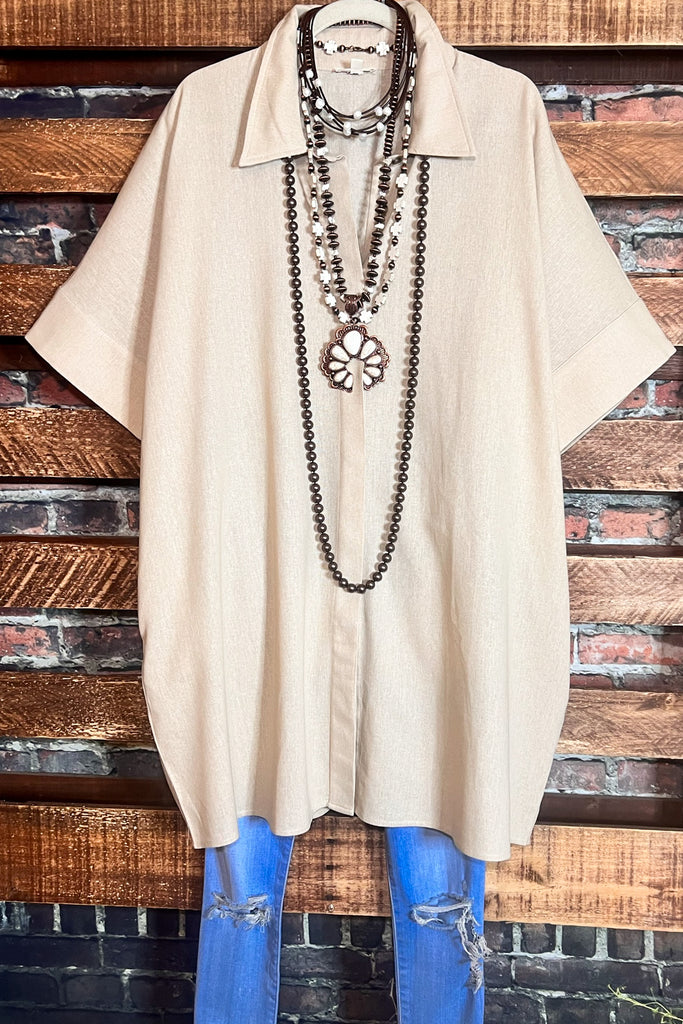 NATURAL BEAUTY LINEN KHAKI OVERSIZED TIMELESS SHIRT DRESS