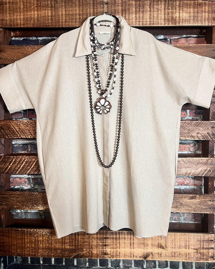 NATURAL BEAUTY LINEN KHAKI OVERSIZED TIMELESS SHIRT DRESS