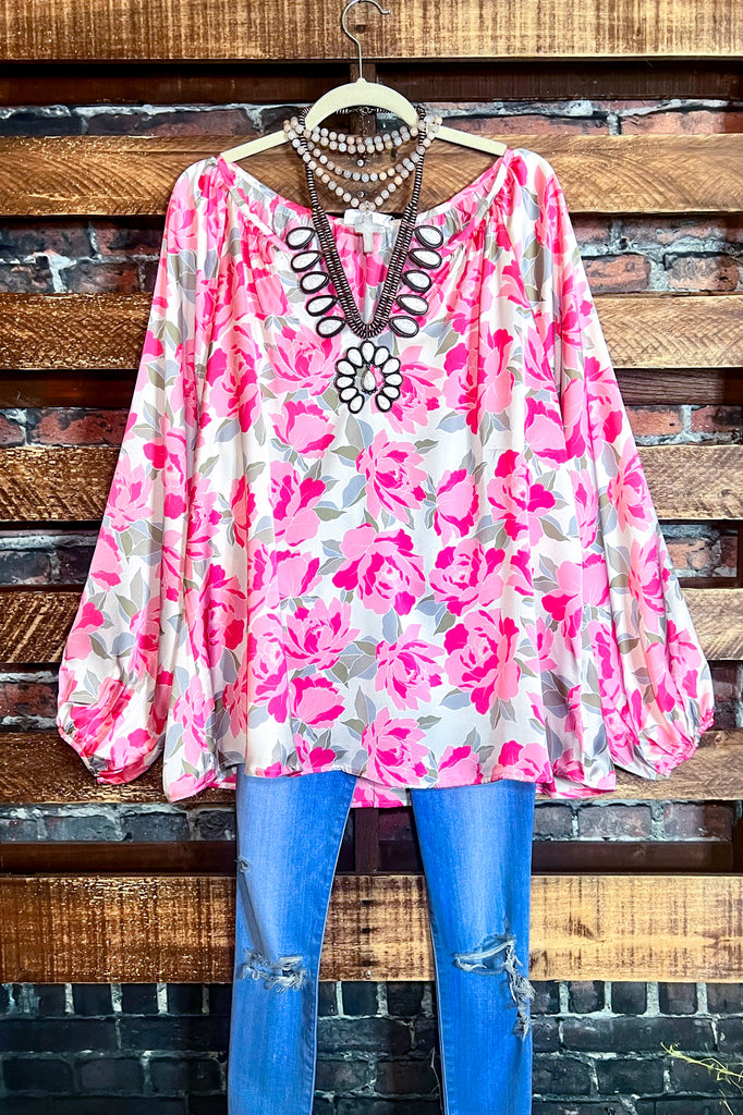ABSOLUTELY UNFORGETTABLE SATIN SILK FLORAL BLOUSE IN MULTI-COLOR