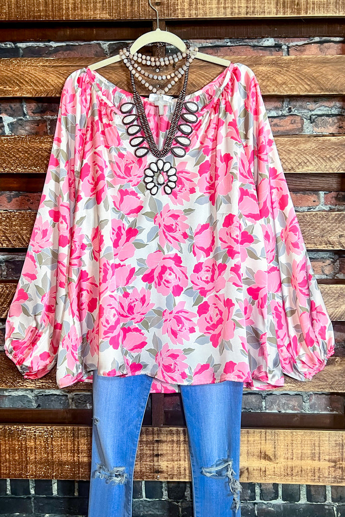 ABSOLUTELY UNFORGETTABLE SATIN SILK FLORAL BLOUSE IN MULTI-COLOR