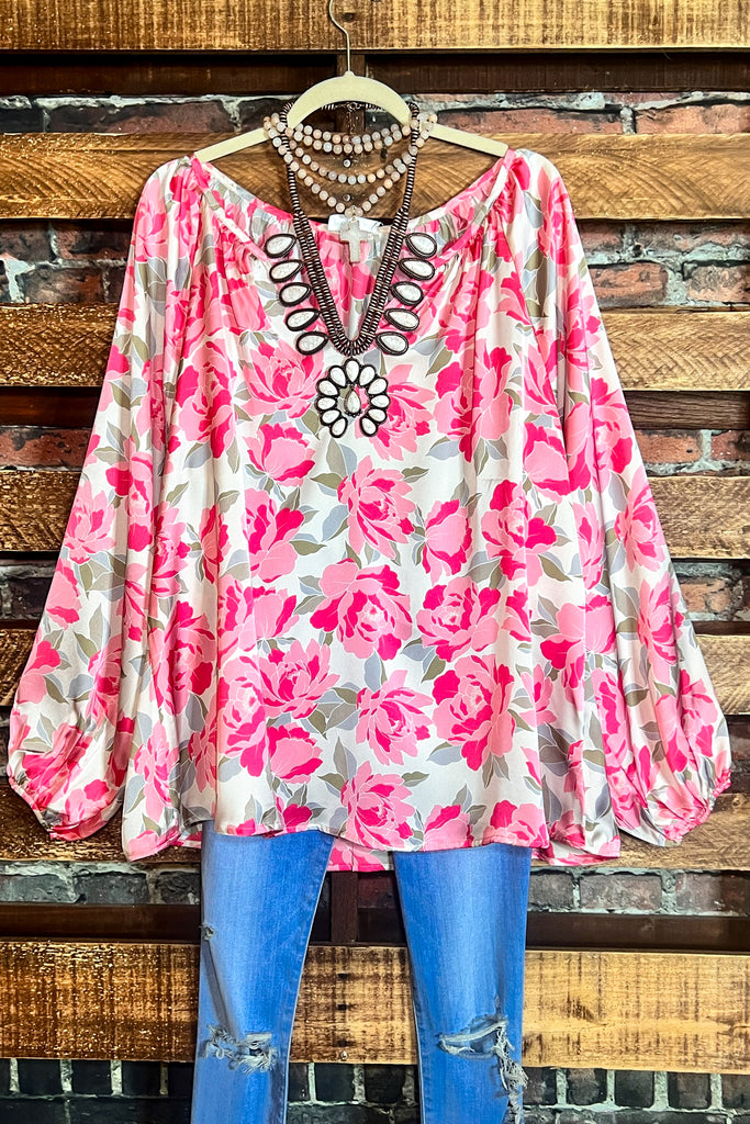 ABSOLUTELY UNFORGETTABLE SATIN SILK FLORAL BLOUSE IN MULTI-COLOR