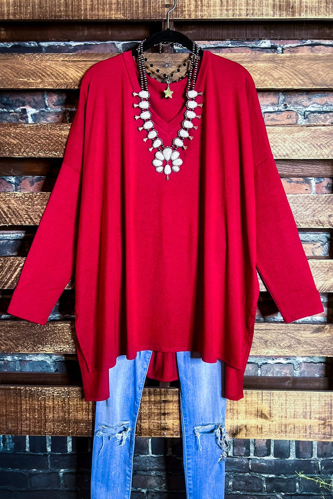 FOREVER PERFECTLY SIMPLE OVERSIZED T-TUNIC IN DARK RED