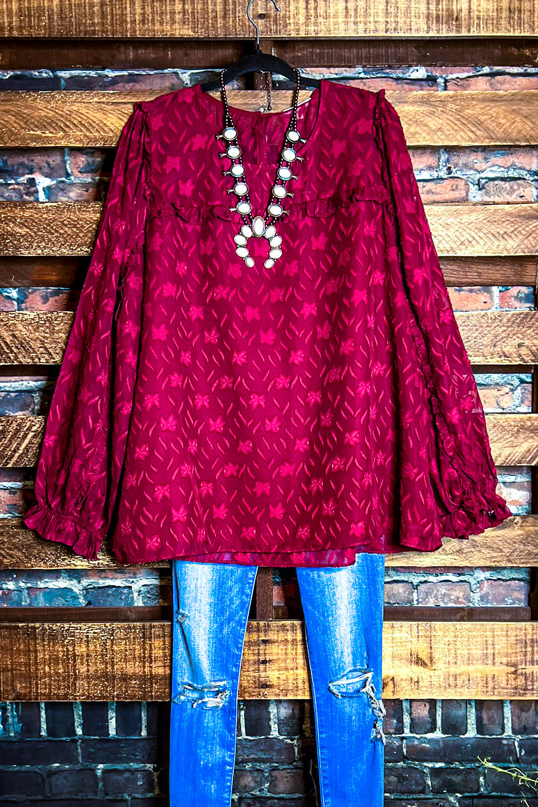 BLISSFUL GRACE EMBELLISHED WINE BLOUSE