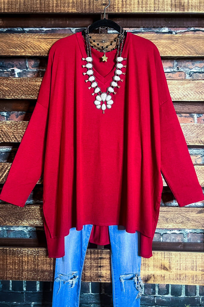 FOREVER PERFECTLY SIMPLE OVERSIZED T-TUNIC IN DARK RED