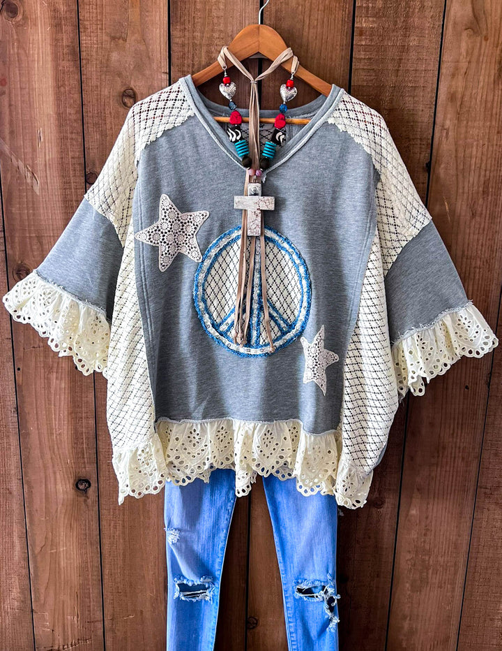 Beauty & Peace Fabulous Embellished Blue & Ivory Poncho Tunic