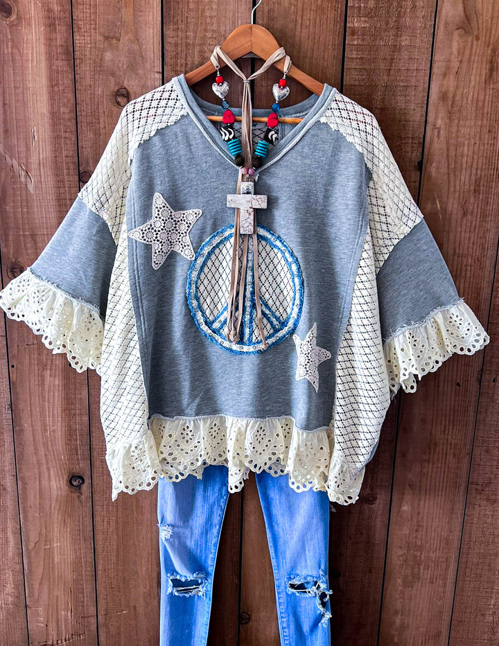 Beauty & Peace Fabulous Embellished Blue & Ivory Poncho Tunic