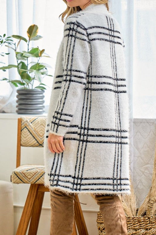 PLAID SWEATER CARDIGAN S-3X IN IVORY ---------SALE