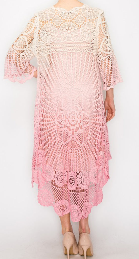 MADE TO PERFECTION CROCHET CARDIGAN IN NATURAL & PINK TONES