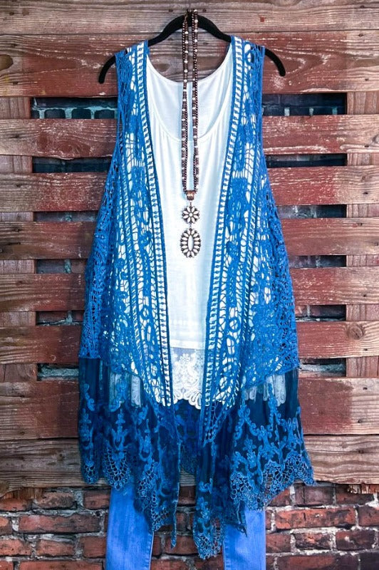 MOON DUSTY TEAL LACE & CROCHET VEST