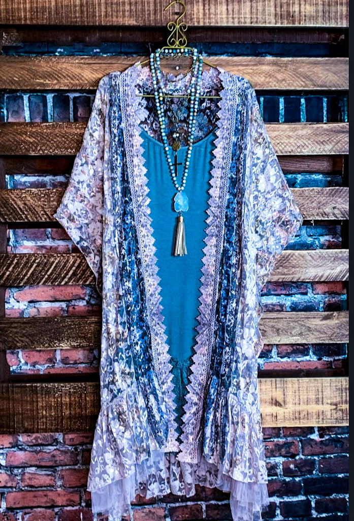 See The Beauty Lace Blue & Taupe Duster Kimono