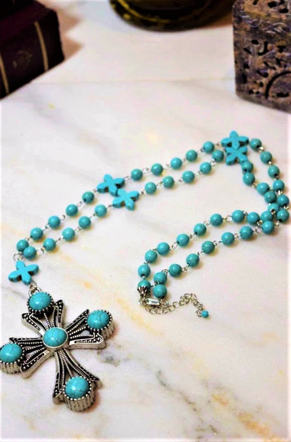 IT'S SO MYSTICAL VICTORIAN CROSS NECKLACE IN TURQUOISE