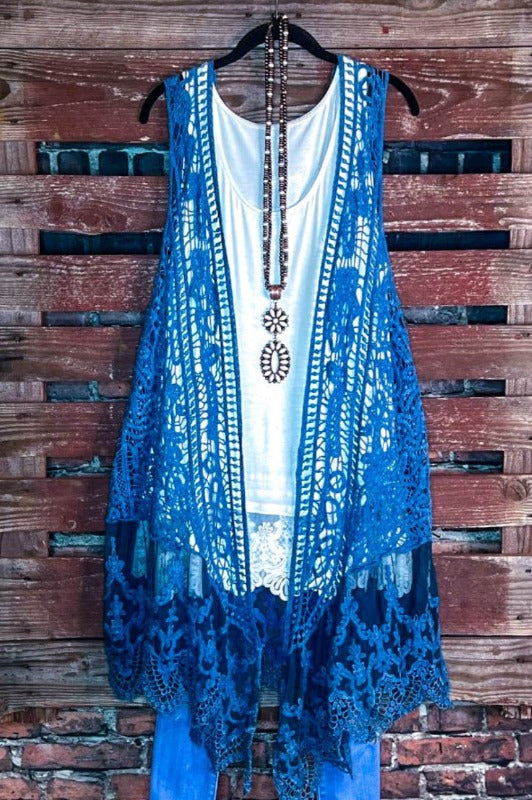 MOON DUSTY TEAL LACE & CROCHET VEST