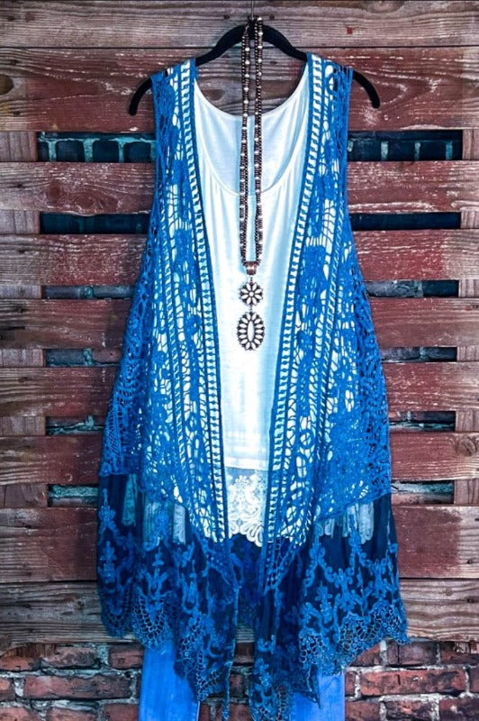 MOON DUSTY TEAL LACE & CROCHET VEST