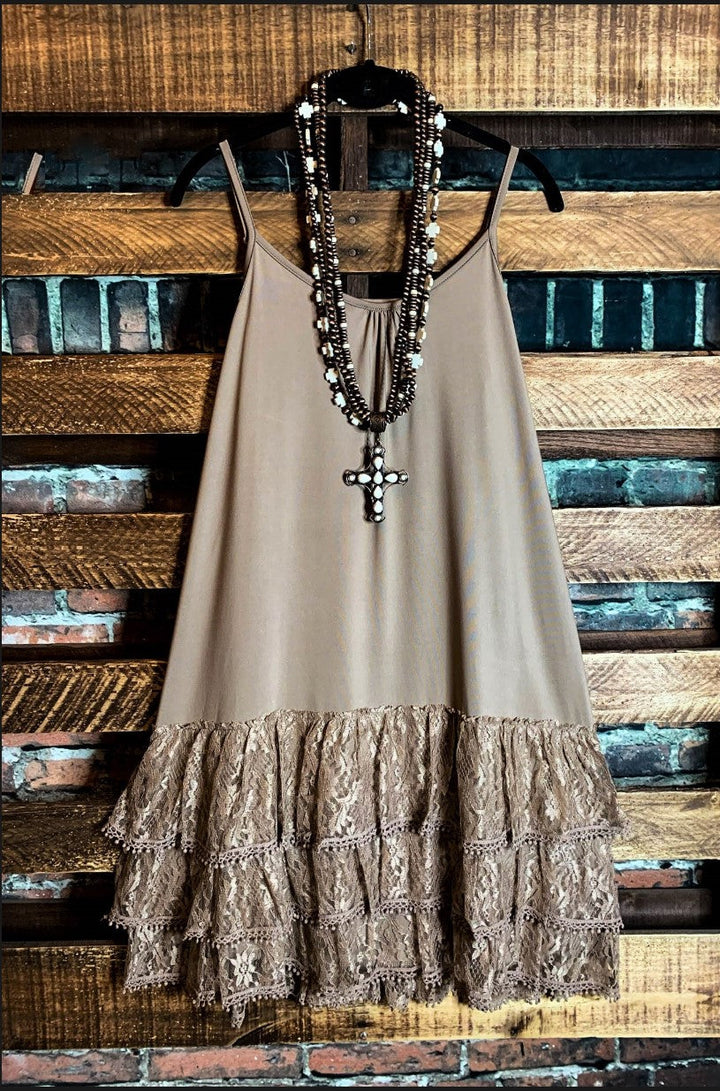 6-10 SIZE INSPIRED BY YOU LACE LYCRA EXTENDER SLIP DRESS IN MOCHA-----SALE