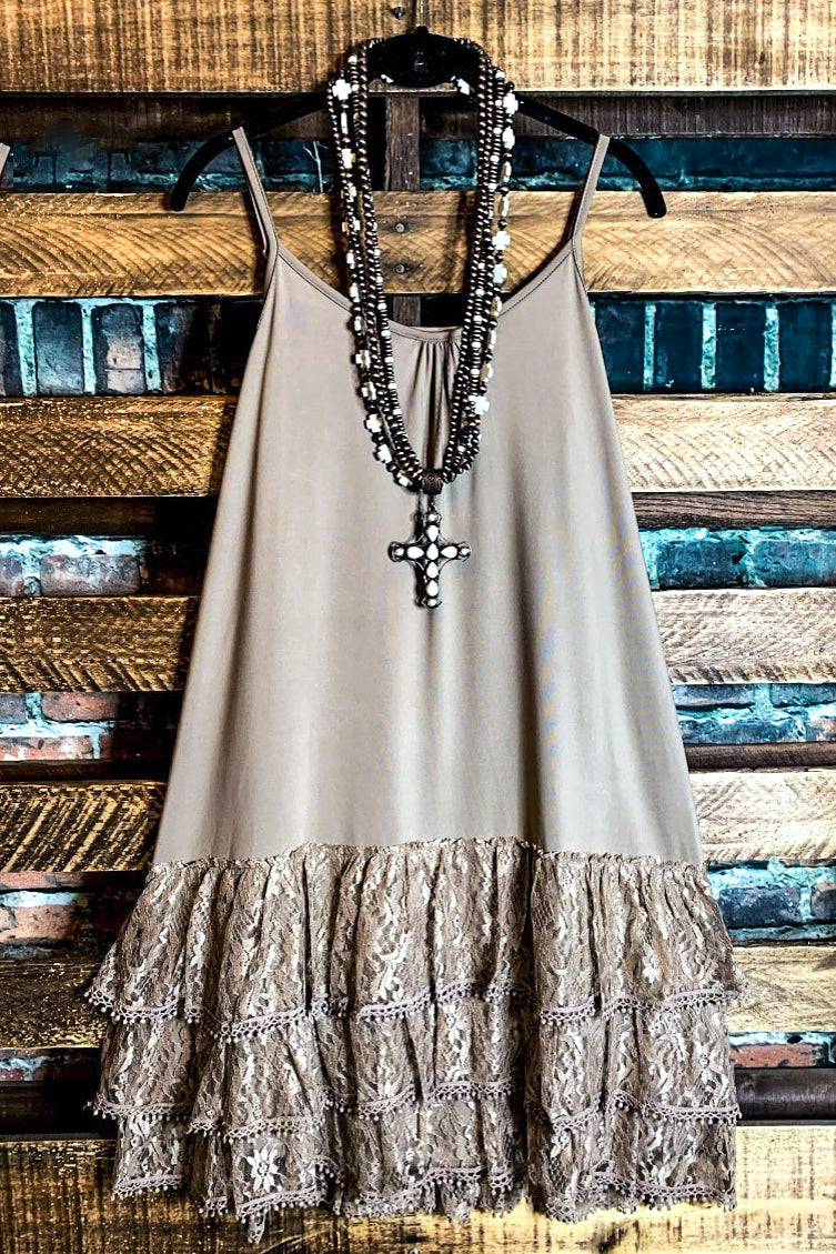 6-10 SIZE INSPIRED BY YOU LACE LYCRA EXTENDER SLIP DRESS IN MOCHA-----SALE