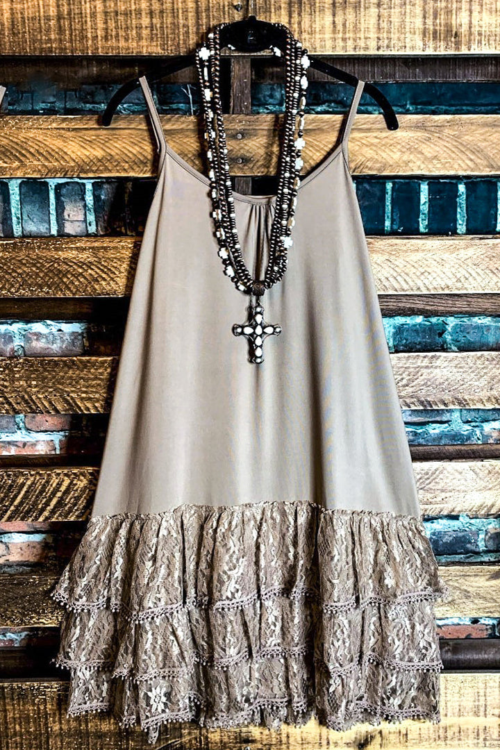 6-10 SIZE INSPIRED BY YOU LACE LYCRA EXTENDER SLIP DRESS IN MOCHA-----SALE