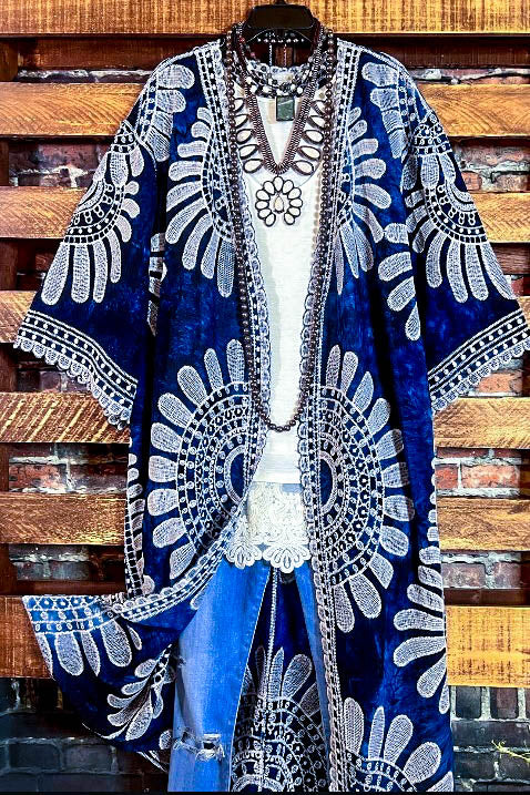 BOHO VACATION ESCAPE NAVY BLUE TIE DYE EMBROIDERED KIMONO