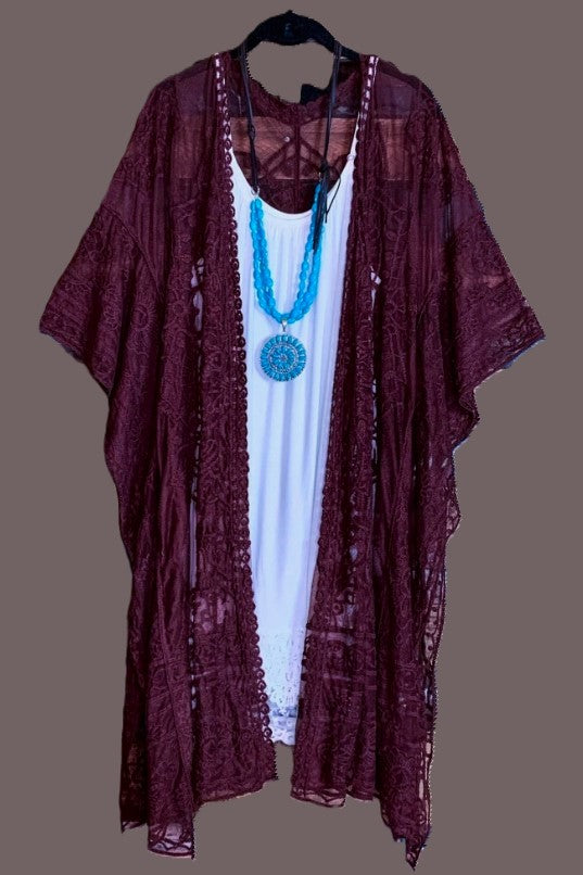 A FABULOUS HEART LACE MAROON DUSTER CARDIGAN