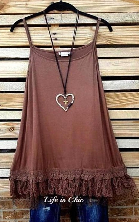 The Sweetest Dream Mocha Shabby Lace Ruffle Slip Dress Top