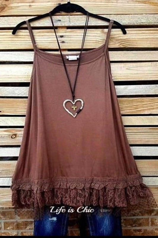 The Sweetest Dream Mocha Shabby Lace Ruffle Slip Dress Top