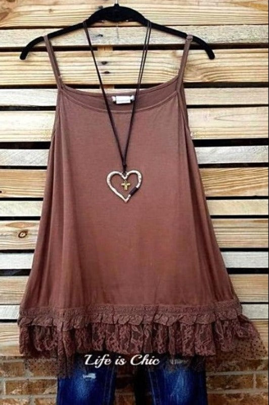 The Sweetest Dream Mocha Shabby Lace Ruffle Slip Dress Top