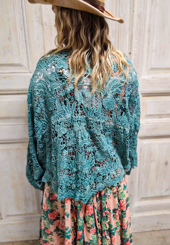 Piece of My Heart Turquoise Boho Crochet Jacket Throwover