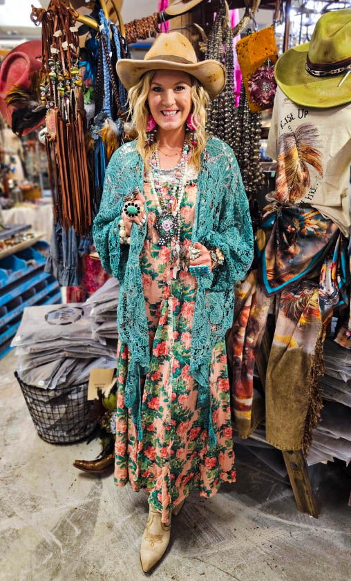 Piece of My Heart Turquoise Boho Crochet Jacket Throwover