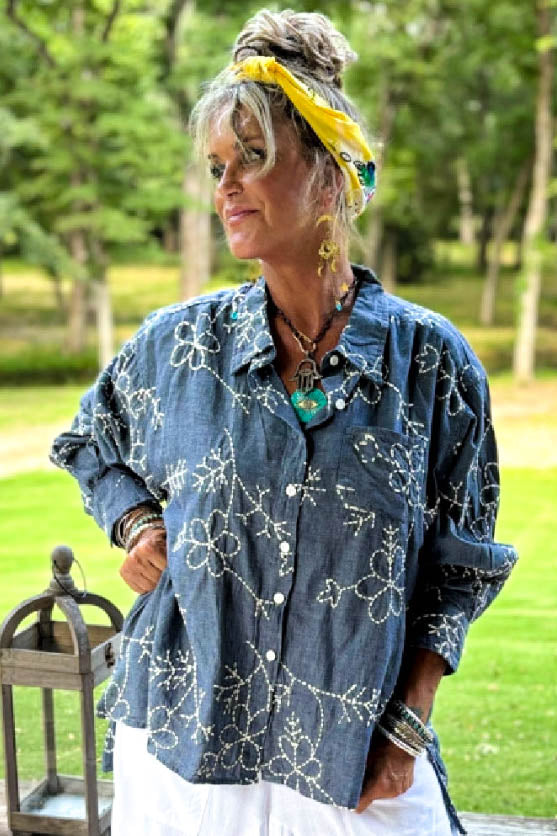 Moon Bay Floral Soft Denim Embroidered Shirt 100% Cotton - Made in USA