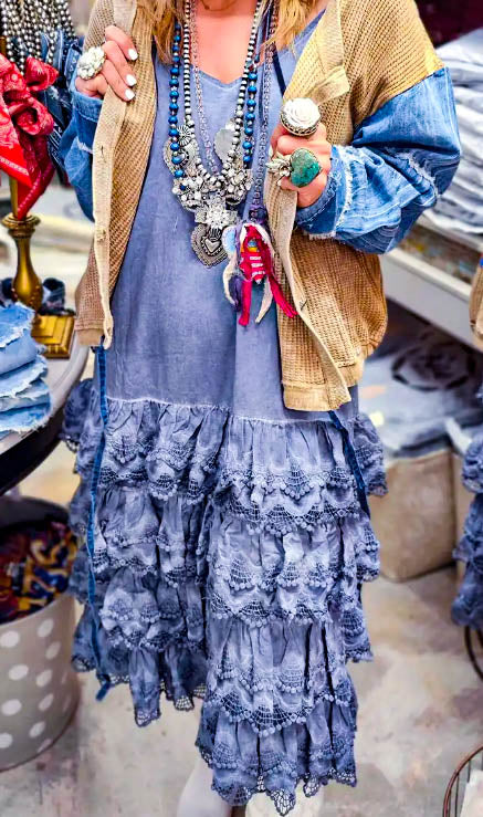 Lacey Layers Maxi Dress Cotton Linen Blend - Made in USA - Blue Denim