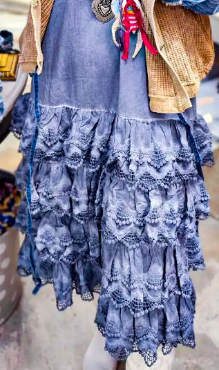 Lacey Layers Maxi Dress Cotton Linen Blend - Made in USA - Blue Denim