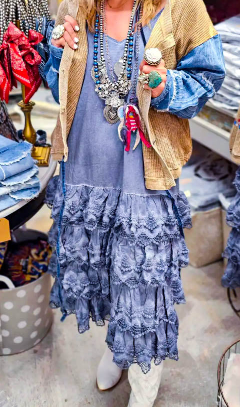 Lacey Layers Maxi Dress Cotton Linen Blend - Made in USA - Blue Denim