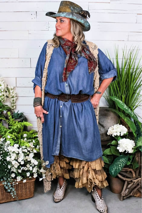 Blue Skies Ahead Chambray 100% Cotton Dress Long Tunic Oversized