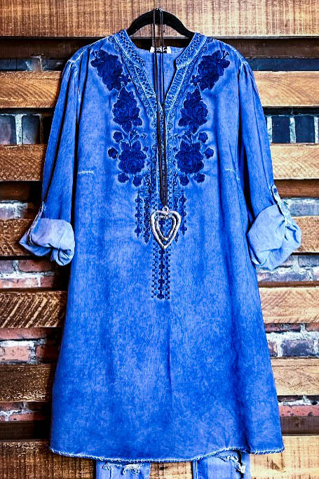 KEEP LOVE ALIVE EMBROIDERED DENIM BLUE DRESS TUNIC