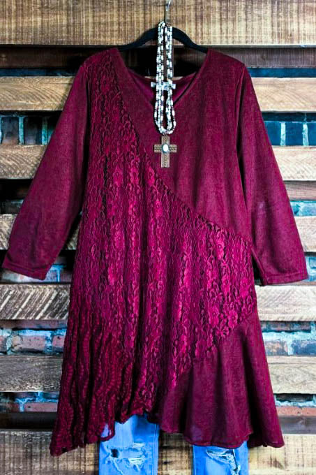 I'M ETERNALLY YOURS BURGUNDY LACE EMBELLISHED DRESS TUNIC