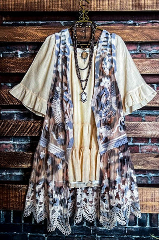 A LITTLE ENCHANTMENT ROSES LAYERED SLIP DRESS TUNIC IN  BEIGE & FLORAL