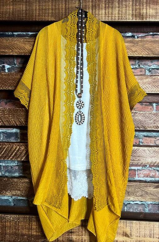MATTERS OF THE HEART LACE MUSTARD DUSTER KIMONO