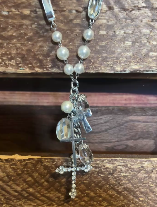 You Decorated My Life Fab Pearl & Rhinestone Cross Necklace