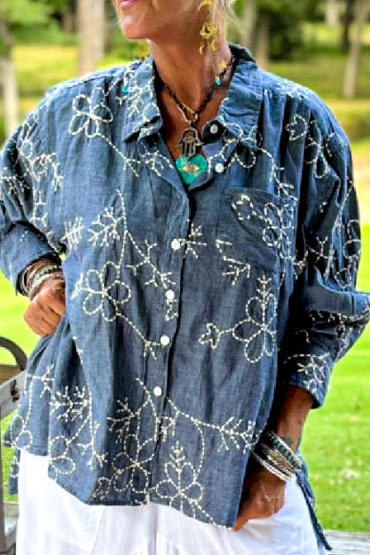 Moon Bay Floral Soft Denim Embroidered Shirt 100% Cotton - Made in USA