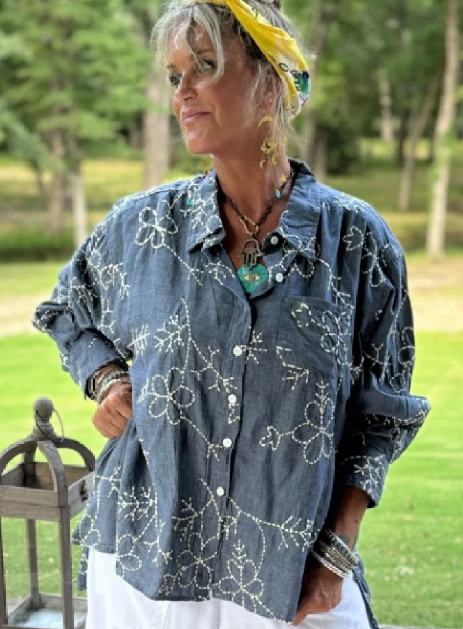 Moon Bay Floral Soft Denim Embroidered Shirt 100% Cotton - Made in USA