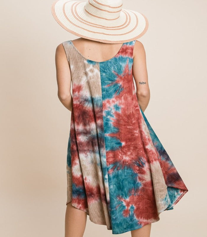 EASY BREEZY TEAL & RUST TIE DYE MIDI DRESS